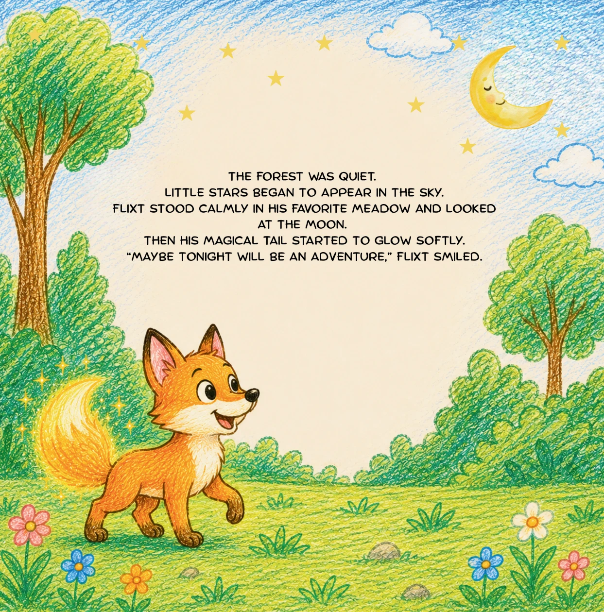 Story page: Flixt sets off into the moonlit forest